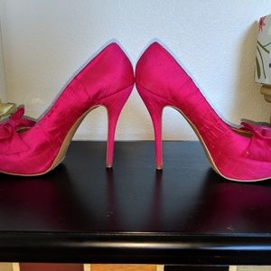Bright pink silk heels by nine west